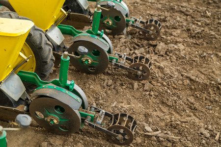 Farmer seeding, sowing crops at field. Sowing is the process of planting seeds in the ground as part of the early spring time agricultural activities.の写真素材
