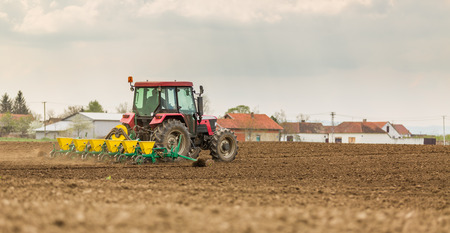 Farmer seeding, sowing crops at field. Sowing is the process of planting seeds in the ground as part of the early spring time agricultural activities.の写真素材
