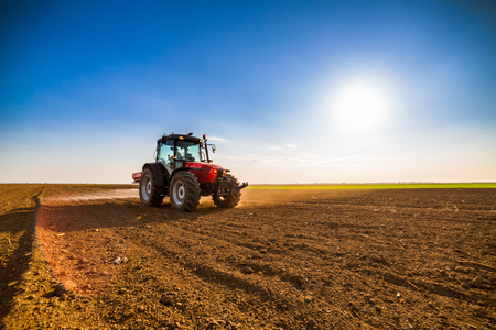 Farmer fertilizing arable land with nitrogen, phosphorus, potassium fertilizerの写真素材
