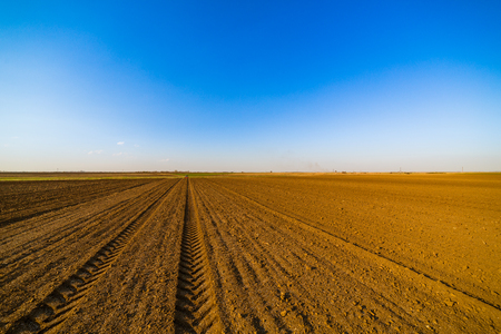 Agricultural landscape, arable crop field. Arable land is the land under temporary agricultural crops capable of being ploughed and used to grow crops.の写真素材