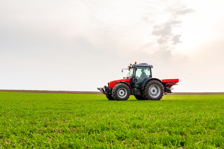 Farmer in tractor fertilizing wheat field at spring with npkの写真素材