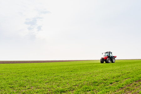 Farmer in tractor fertilizing wheat field at spring with npkの写真素材
