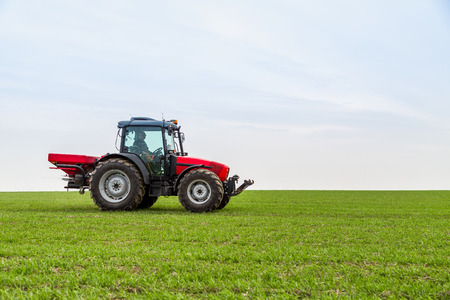 Farmer in tractor fertilizing wheat field at spring with npkの写真素材