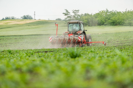 Farmer seeding, sowing crops at field. Sowing is the process of planting seeds in the ground as part of the early spring time agricultural activities.の写真素材