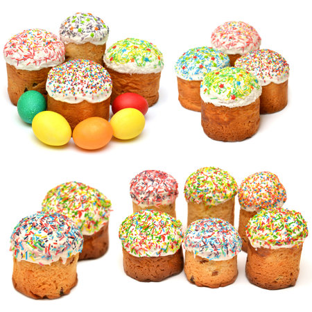 Easter cake collection with decorated eggs isolated on white background