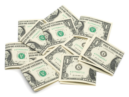 Banknote 1 dollar isolated on white background. Flat lay, top view