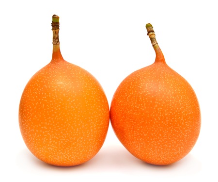 Two passion fruit isolated on white backgroundの写真素材