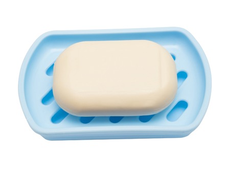 Soap in soap dish isolated on a white background. Flat lay, top viewの写真素材