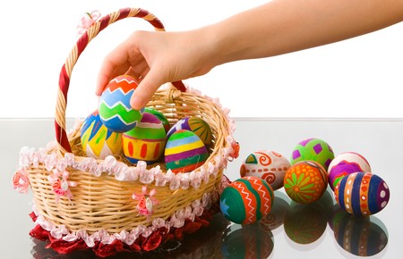 Use some Easter eggs that have been colored by elementary schools student and arranging them in a nice basketの写真素材