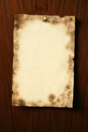 Photo of grunge parchment nailed on wooden boardの写真素材