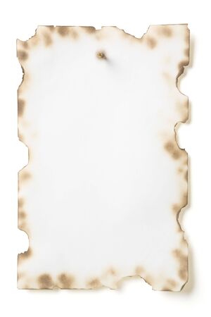 Photo of grunge paper nailed with spike isolated on whiteの写真素材