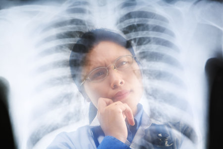 Asian female doctor busy working on x-ray result. PS:the image taken from behind the xray print, so...