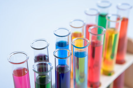 Test tube arranged in bluish background, with small copy space area