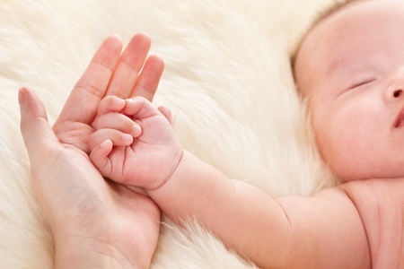 Baby's hand on mother's palm while he is sleeping over soft fur backgroundの写真素材