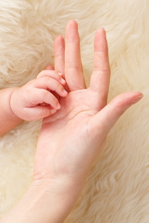 Baby's hand trying to hold her mom hand over soft fur backgroundの写真素材