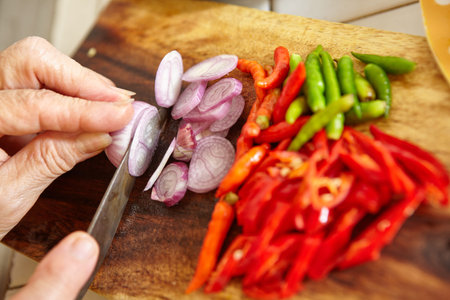 Preparing ingredient to cook stir fry spicy tuna in the kitchenの写真素材