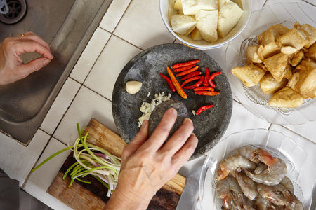 Preparing ingredient to cook spicy stir fried shrimp tofu