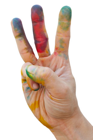 Messy hand with colourful tint make a hand gesture