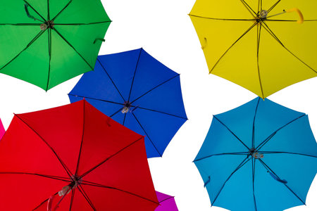 ecorated with colored umbrellas on white background , isolate