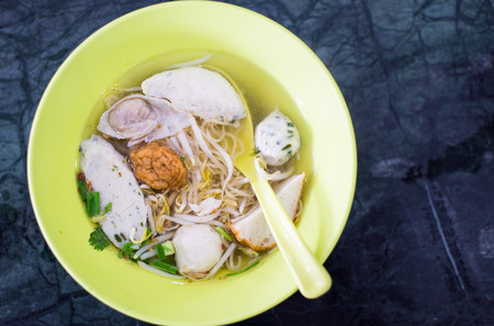 Asian style noodle with variety of pork and fish ballsの写真素材