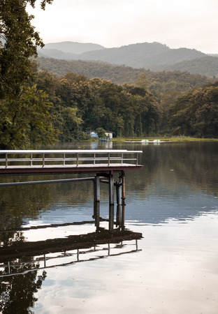 Woman alone on the bridge in nature spring parkの写真素材
