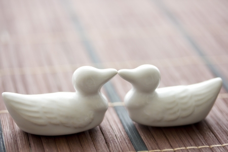 White couple Bird ornament on dark backgroundの写真素材