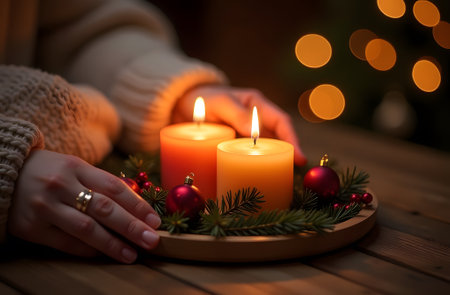 A first-person perspective of hands holding Christmas candles on a festive wreath, adding to the warm and inviting holiday ambiance. High quality photoの素材