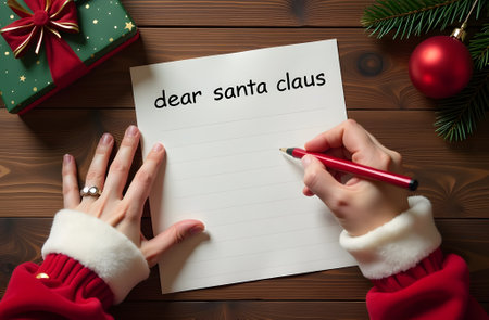 A first-person perspective of crafting a letter to Santa, with a festive setting of paper, a pen, and holiday decorations creating a warm atmosphere. High quality photoの素材