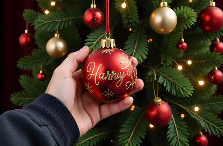 A close-up of a hand hanging a shiny red ornament on a beautifully decorated Christmas tree, capturing the festive spirit. High quality photoの素材