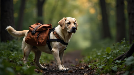 Adventure Labrador in the Forest - Hiking Dog with Backpackの素材