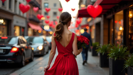 A woman in a flowing red dress walks through a festive city street, holding a bouquet of flowers and surrounded by holiday decorationsの素材
