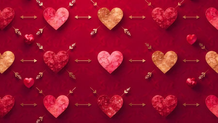 Modern and bold, with repeating geometric patterns of hearts and arrows in shiny metallic tones, creating a sharp and clean Valentines Day designの素材