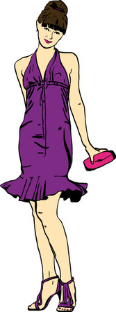 drawing fashionable girl in a purple dress with a pink clutchのイラスト素材