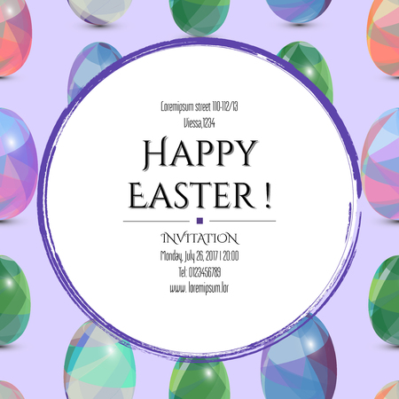 Happy Easter Invitation Card. 3D Easter eggs with the abstract triangle pattern on the purple background.のイラスト素材