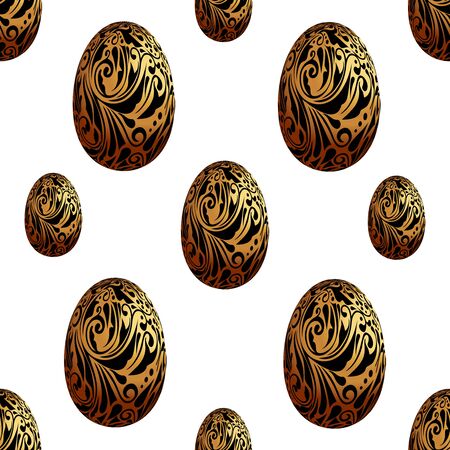Happy Easter seamless background. 3d Eggs with the art nouveau pattern. Black-gold Easter eggのイラスト素材