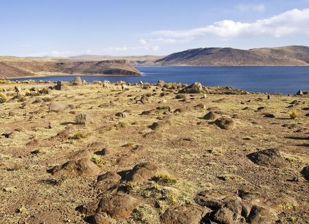 Lake Umayo in the Peruvian Andes with grazing sheep in foregroundの写真素材