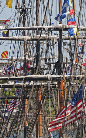 Lines, spars and masts of a square rigger in the Montreal harbor