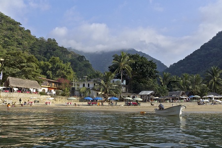 Mexican Pacific Ocean beach cove near Puerto Vallarta, viewed from the waterの写真素材