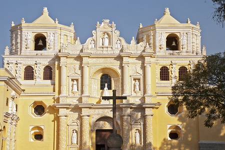 Restored La Merced church facade in Antigua, Guatemalaの写真素材