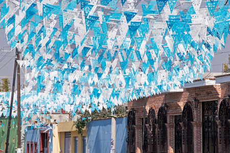 Overhead street decoration in Cholula, Mexicoの写真素材