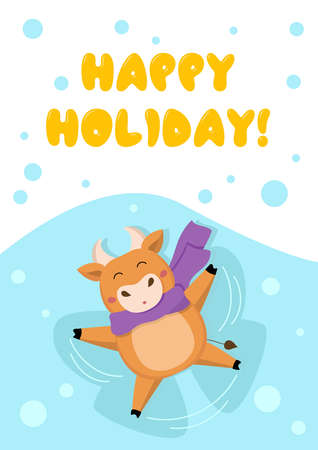 Christmas card with cute little bull in violet scarf making snow angel or butterfly. Inscription Happy Holidayのイラスト素材
