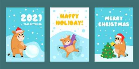 Merry Christmas and New year greeting cards set with cute little bulls. Vector collectionのイラスト素材