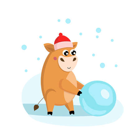 Cute little bull in red hat rolls big snow ball. Vector illustration isolated on white backgroundのイラスト素材
