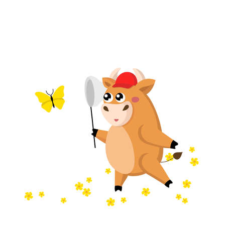 Little happy ox in red cap runs after a butterfly with a butterfly net. Vector cartoon illistration isolated on white backgroundのイラスト素材