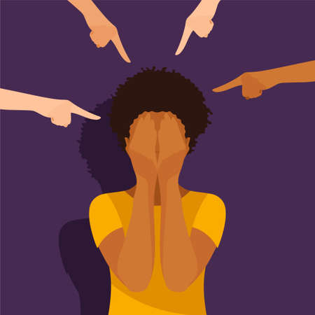 Dark skinned girl covers face with hands. Surrounded by pointing hands. concept of discrimination and bullyingのイラスト素材
