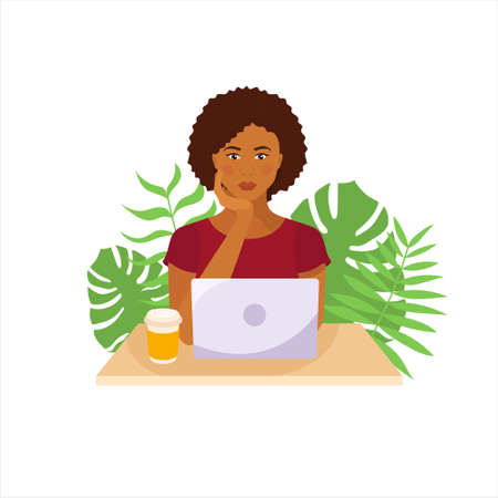Dark skinned girl sitting at the table with laptop. Tropical leaves on background. Vector illustration in flat style. freelance worker conceptのイラスト素材