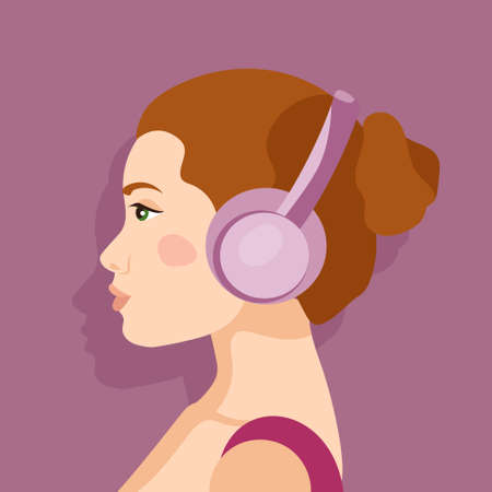 Vector portrait of a girl in big headphones listening to musicのイラスト素材