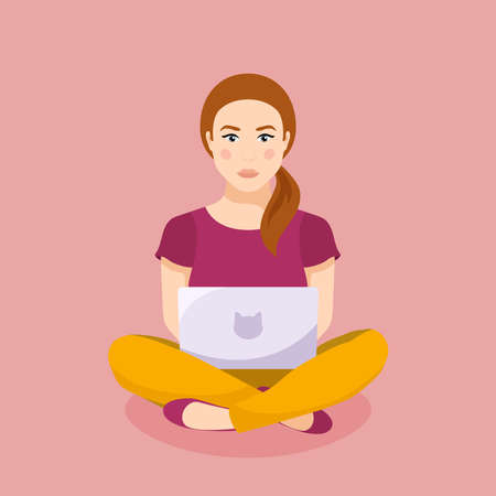 Girl sitting in lotus pose with laptop. Vector illustration in flat styleのイラスト素材