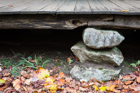 Stacked stone foundation pier on an old Appalachian house porch, horizontal aspectの写真素材
