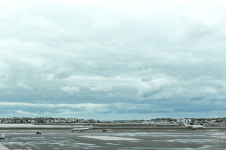 Rainy afternoon at Boston Logan Airport tarmac, May 15 2017,  horizontal aspectのeditorial素材